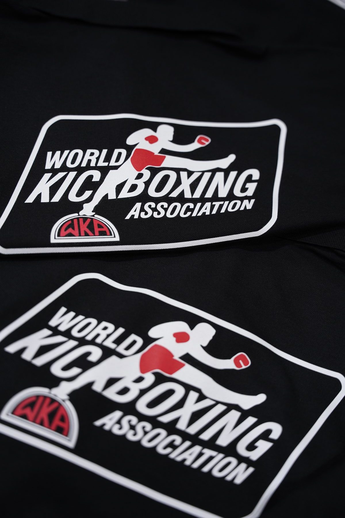Close-up of a DTF-printed World Kickboxing Association logo on team apparel